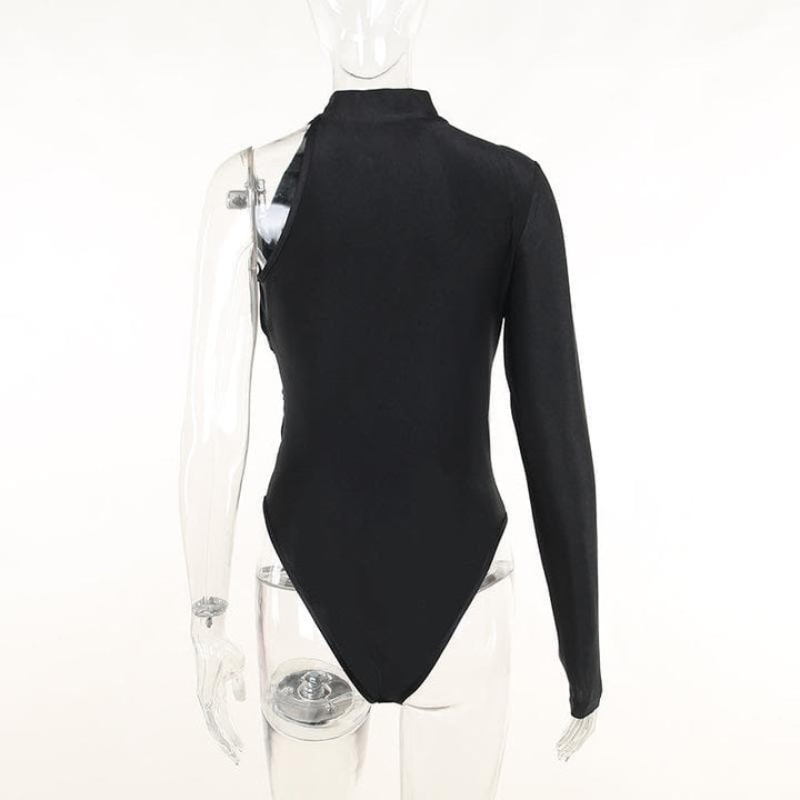 One shoulder ruched irregular high neck solid bodysuit