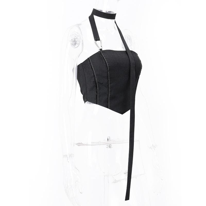 Smocked stitch halter buckle backless crop top