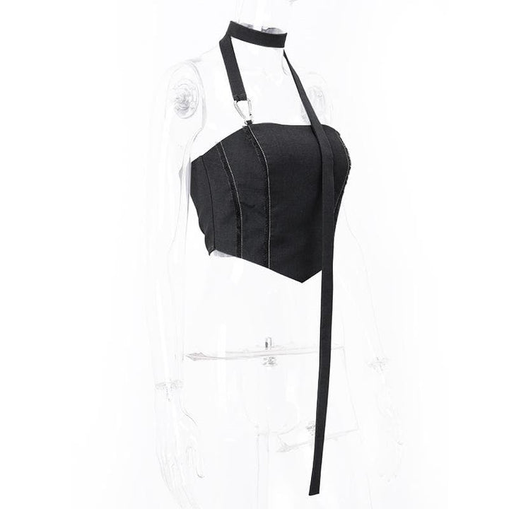 Smocked stitch halter buckle backless crop top