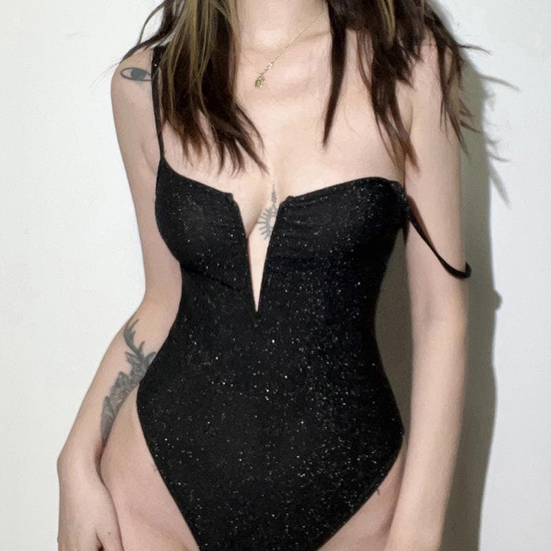 Deep v neck glitter cami bodysuit - Halibuy
