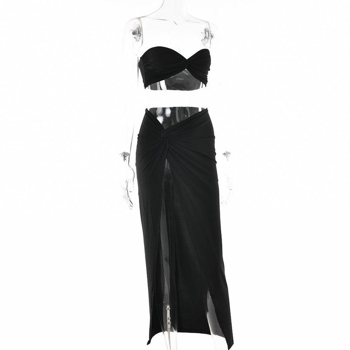 Slit knotted solid sweetheart neck tube midi skirt set