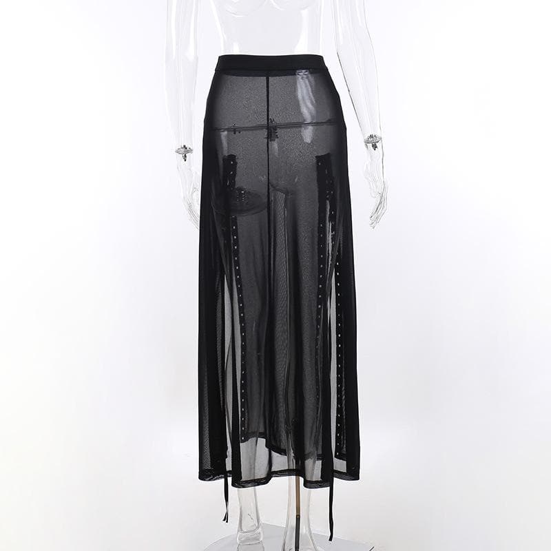 Sheer mesh see through lace up slit solid maxi skirt-final-sale