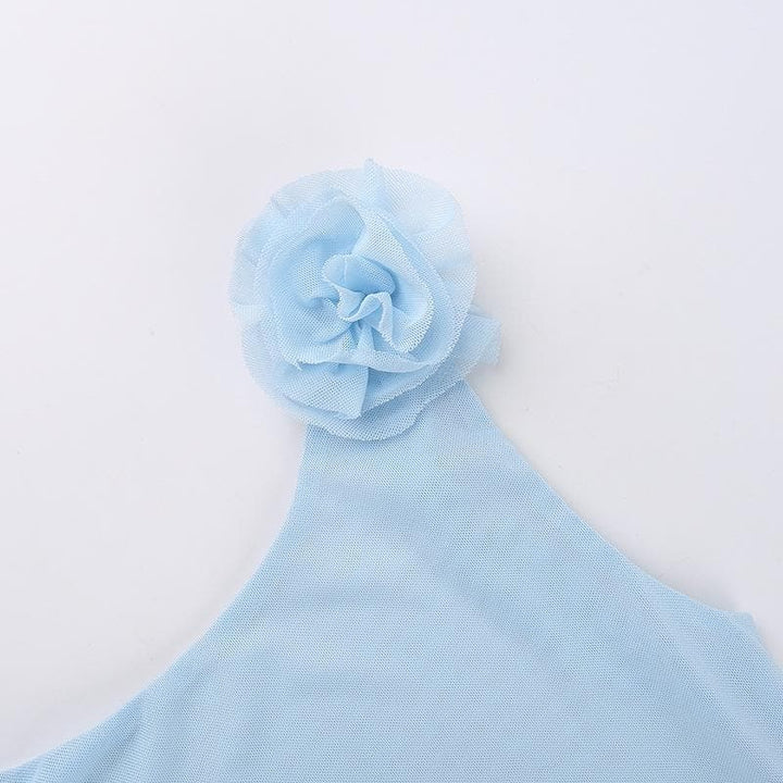 Sheer mesh flower applique see through sleeveless ruffle backless top  | Festival Outfits Women
