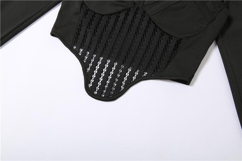 Hollow out halter solid gloves long sleeve crop top - Final Sale