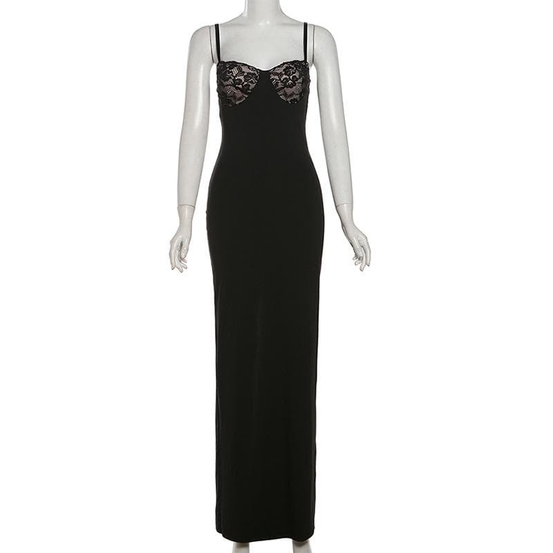 Sweetheart neck lace slit patchwork cami maxi dress  | Festival Outfits Women