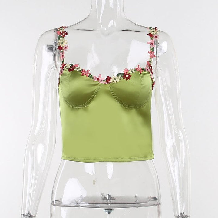 Sweetheart neck flower embroidery zip-up satin cami crop top