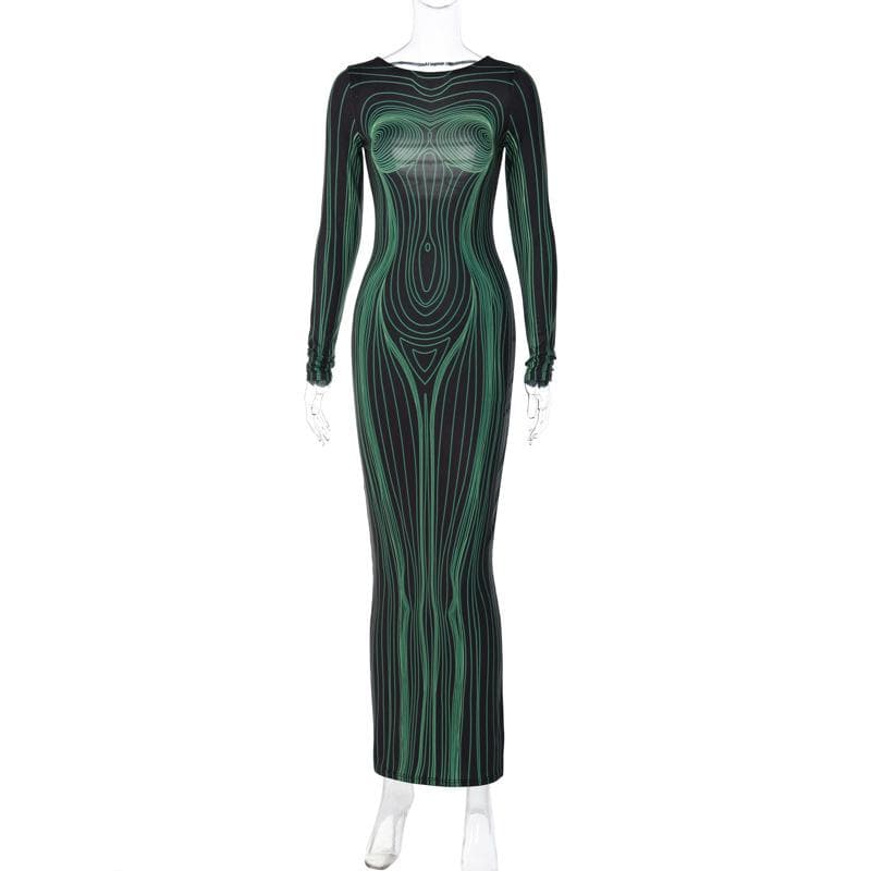Long sleeve round neck contrast abstract body print maxi dress