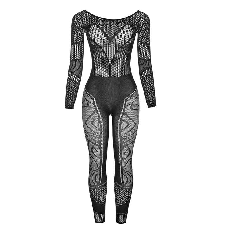 Long sleeve hollow out solid fishnet see through jumpsuit - Final Sale ...