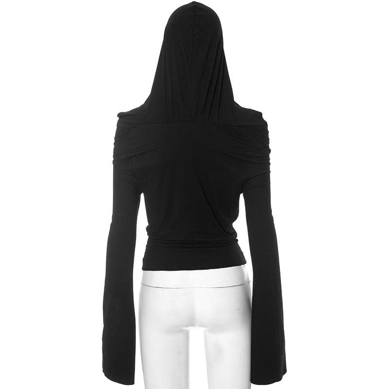 Cowl neck hoodie long flared sleeve solid 2-way top