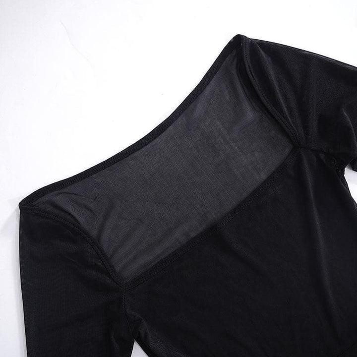 Sheer mesh see through square neck slit long sleeve mini dress-final-sale