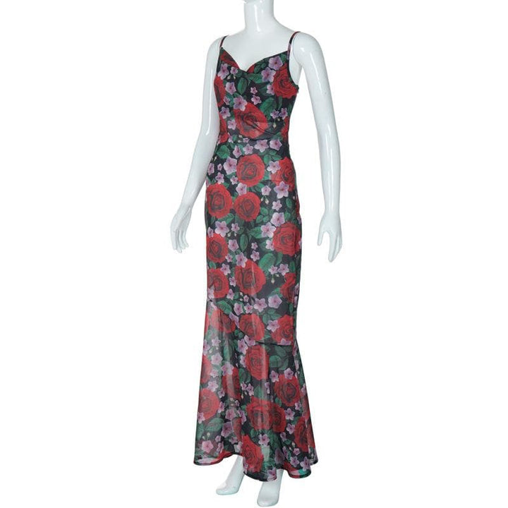 Cowl neck flower print zip-up contrast backless cami maxi dress  | Festival Outfits Women