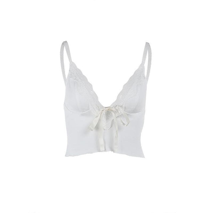 V neck lace hem backless bowknot ribbon crop cami top  | Festival Outfits Women