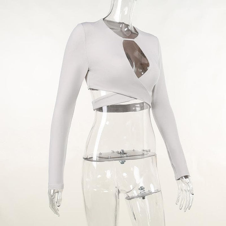 Hollow out solid cross front low cut long sleeve crop cut out top - Final Sale