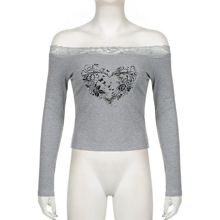 Long sleeve off shoulder ribbed heart pattern lace hem top  | Festival Outfits Women