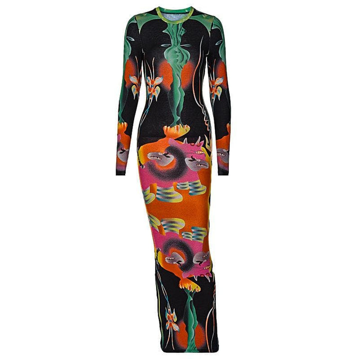 Long sleeve contrast abstract print round neck midi dress-final-sale