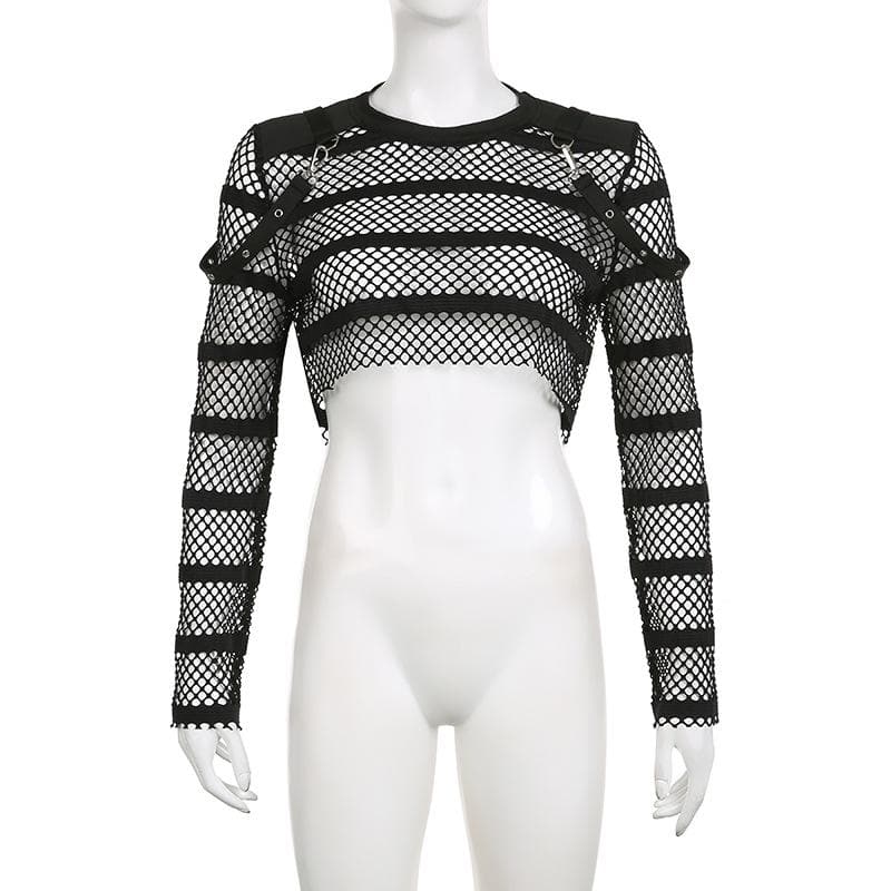 Hollow out long sleeve fishnet see through buckle solid crop cut out top