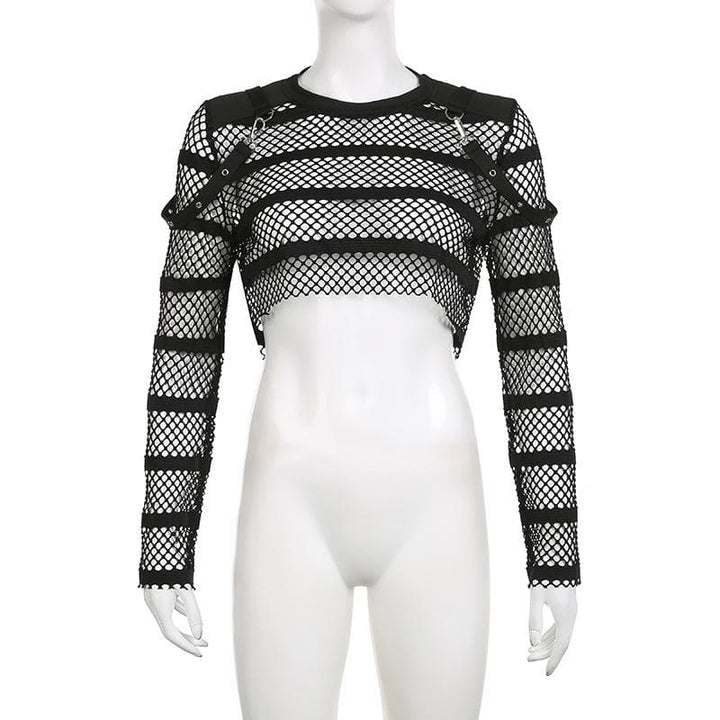 Hollow out long sleeve fishnet see through buckle solid crop cut out top