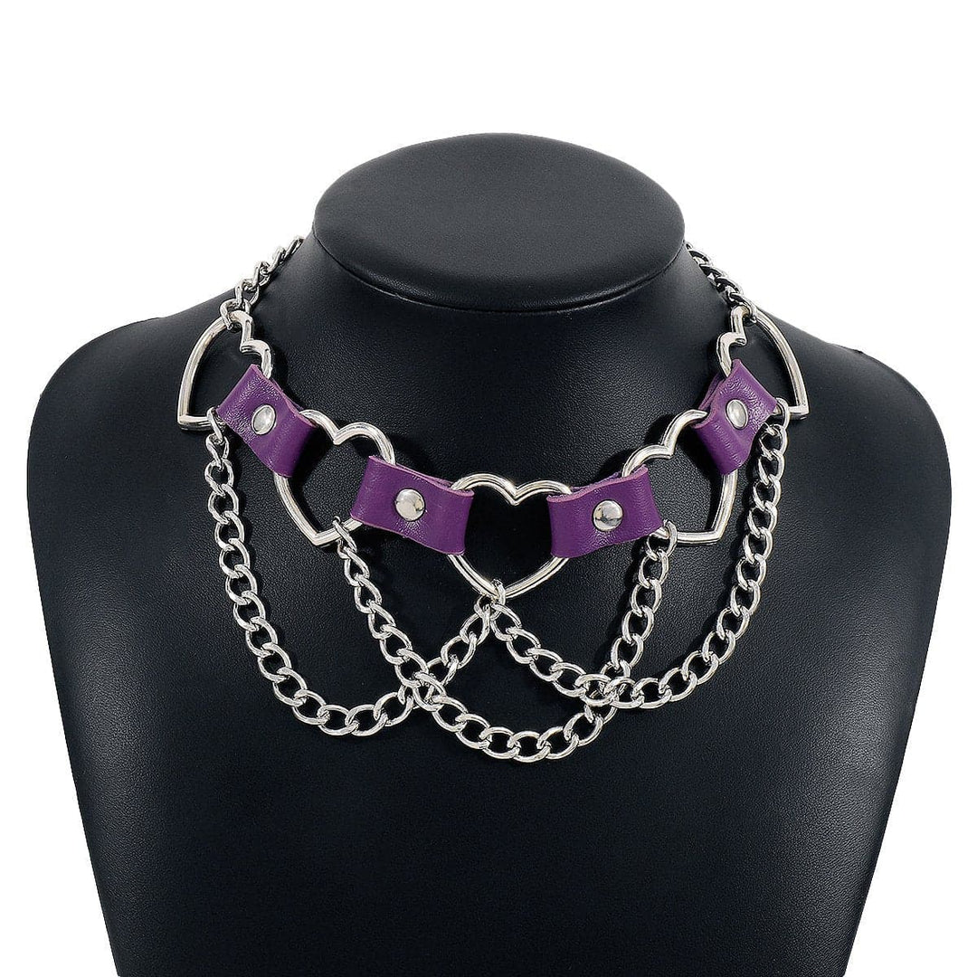 Heart ring PU chain layered choker necklace