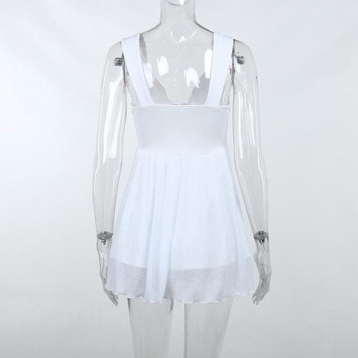 Button patchwork chiffon ruffle low cut mini dress - Final Sale