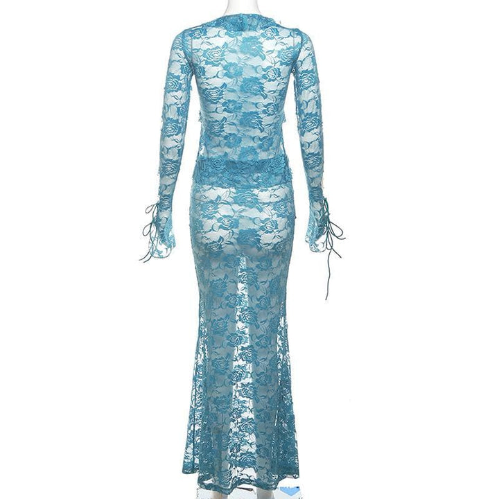Lace see through self tie long sleeve ruffle maxi skirt set-final-sale