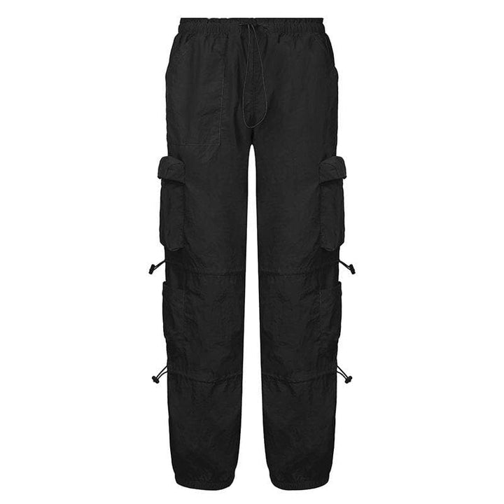 Drawstring solid cargo pocket low rise baggy pant Parachute pants