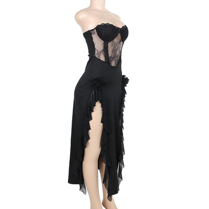 Lace patchwork flower applique ruffle slit solid midi dress  | Festival Outfits Women