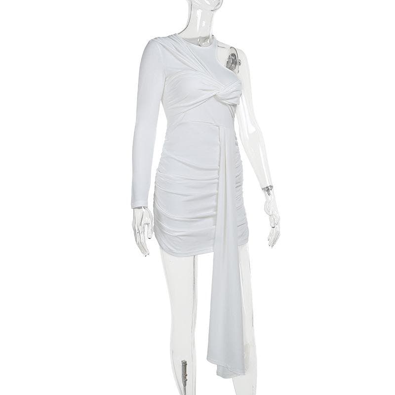Knotted solid one shoulder ruched irregular mini dress  | Festival Outfits Women