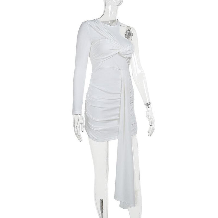 Knotted solid one shoulder ruched irregular mini dress  | Festival Outfits Women