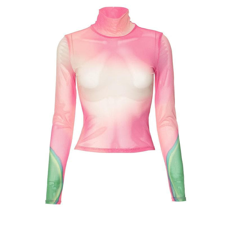 Long sleeve high neck print sheer mesh contrast top  | Festival Outfits Women