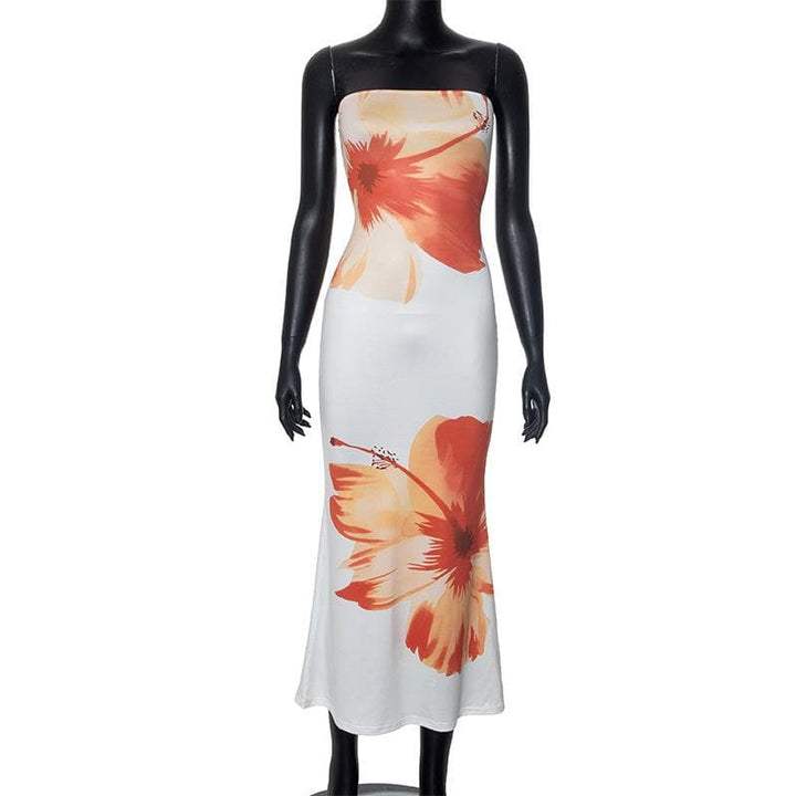 Satin flower print backless contrast tube midi dress  | Festival Outfits Women