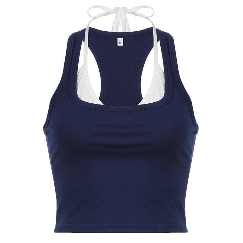 Patchwork contrast halter sleeveless crop top - Final Sale