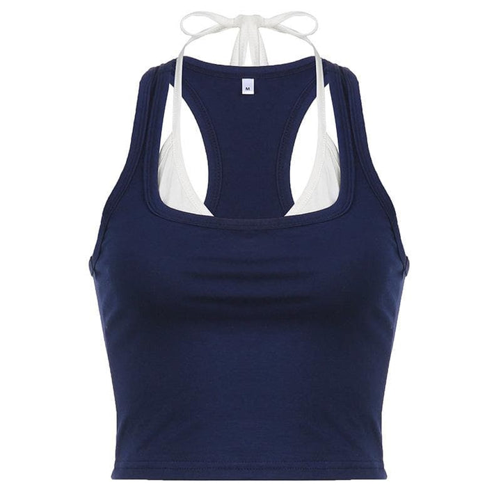 Patchwork contrast halter sleeveless crop top - Final Sale