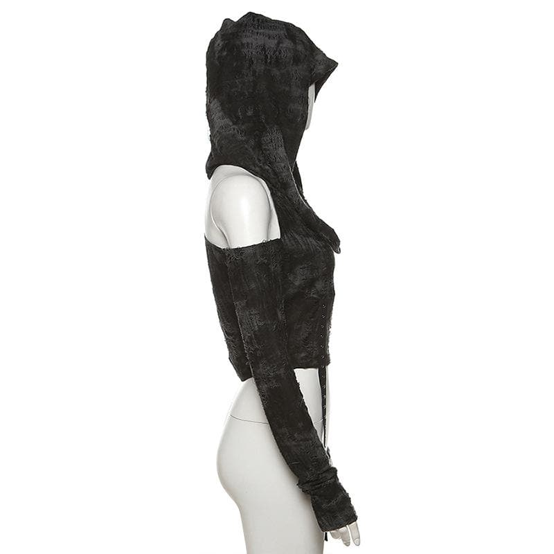 Long sleeve hoodie off shoulder buckle crop top  | Festival Outfits Women