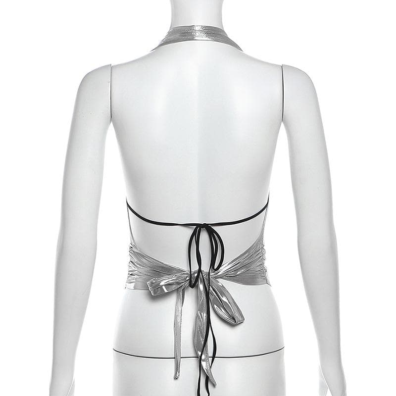 Halter metallic glitter cowl neck ruched 2 piece top  | Festival Outfits Women