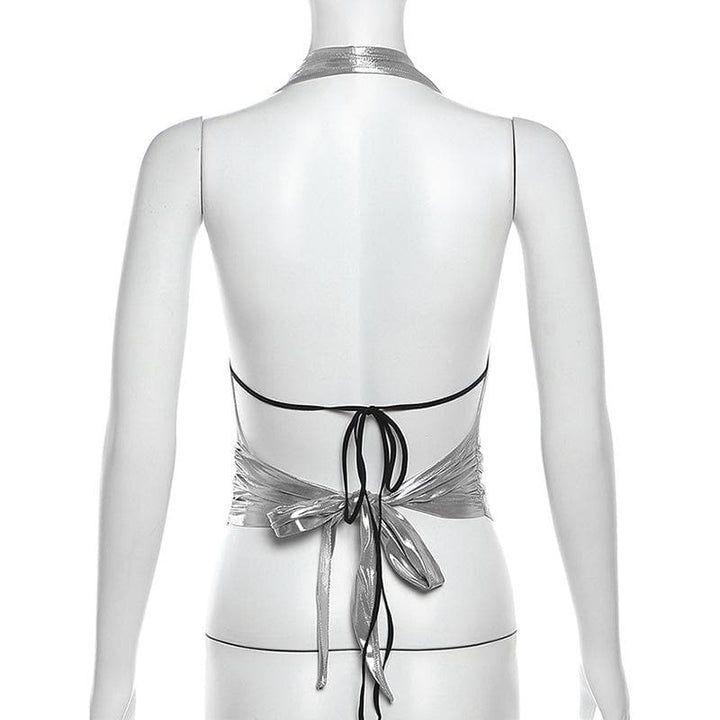 Halter metallic glitter cowl neck ruched 2 piece top  | Festival Outfits Women