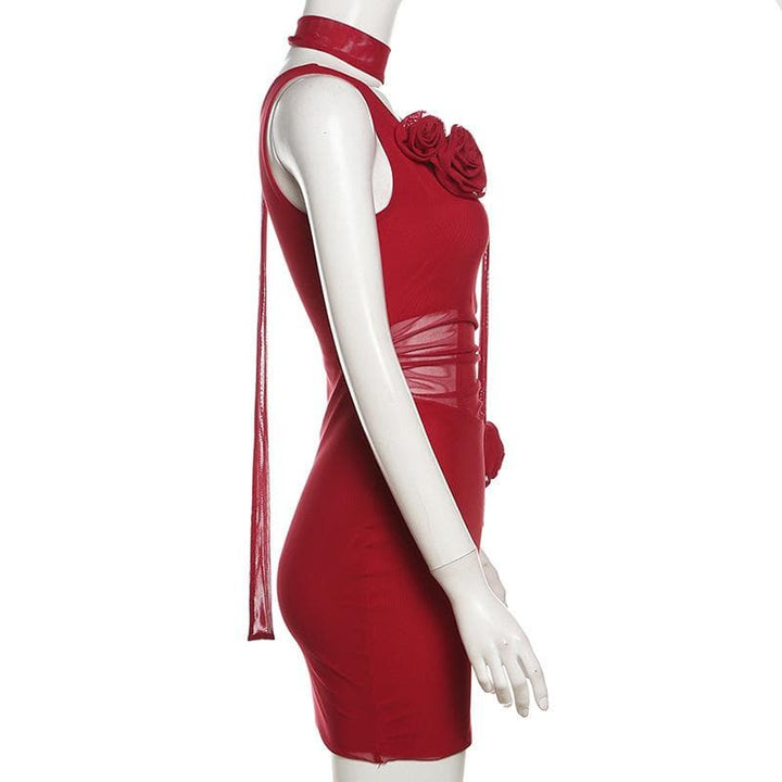 Cowl neck sheer mesh flower applique cami mini dress  | Festival Outfits Women