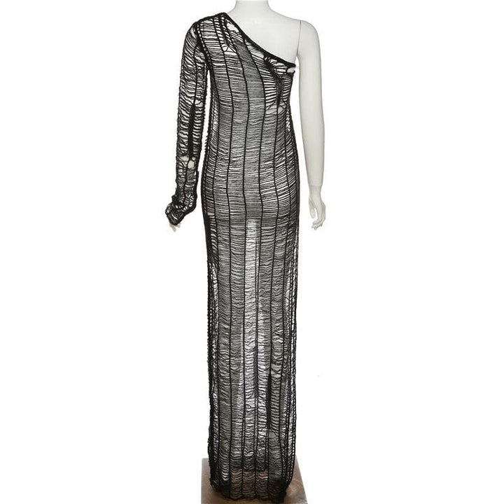 Knitted see through one shoulder long sleeve solid crochet maxi dress-final-sale