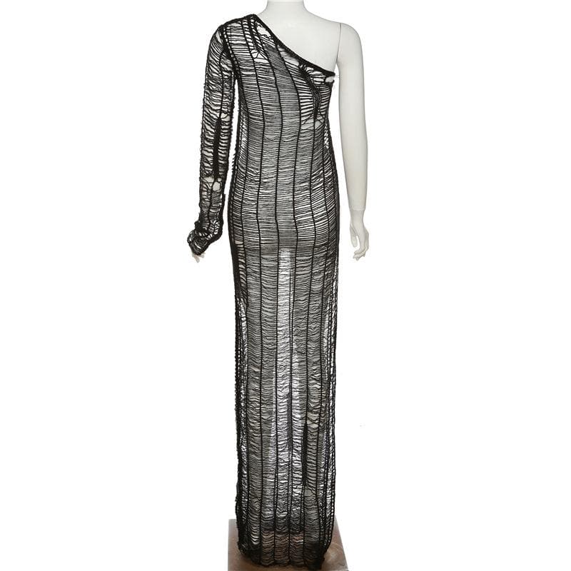 Knitted see through one shoulder long sleeve solid crochet maxi dress ...