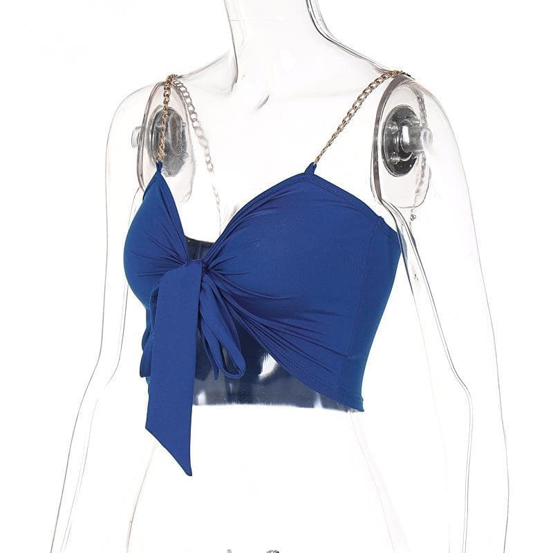 Metal chain knotted ruched solid crop top - Halibuy