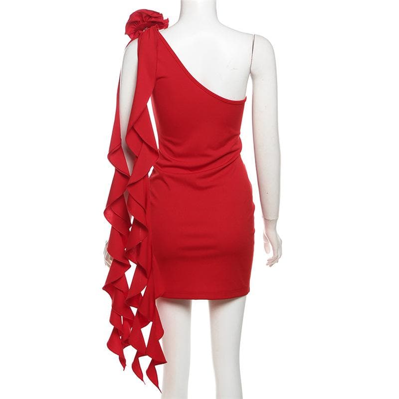 One shoulder flower applique ruched ruffle solid backless mini dress  | Festival Outfits Women