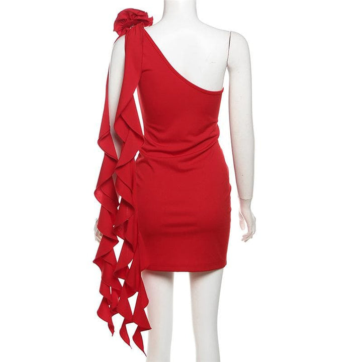 One shoulder flower applique ruched ruffle solid backless mini dress  | Festival Outfits Women