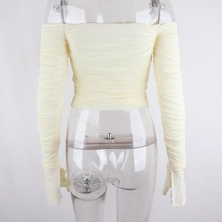 Double layered mesh off shoulder ruched long sleeve solid crop top | Mesh Long Sleeve Crop Top