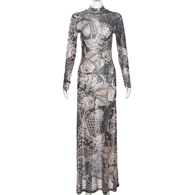 Sheer mesh see through abstract long sleeve high neck maxi dress
