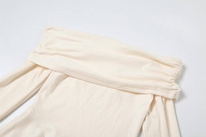 Off shoulder ruffle flower applique long flared sleeve ruched top  | Festival Outfits Women