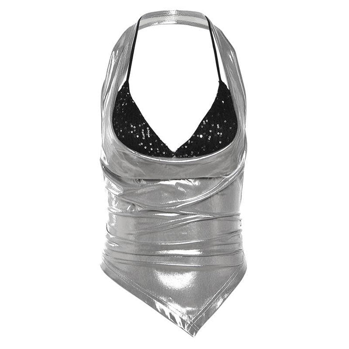 Halter metallic glitter cowl neck ruched 2 piece top  | Festival Outfits Women