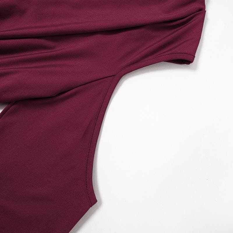 Long flared sleeve off shoulder cowl neck ruched solid mini dress  | Festival Outfits Women