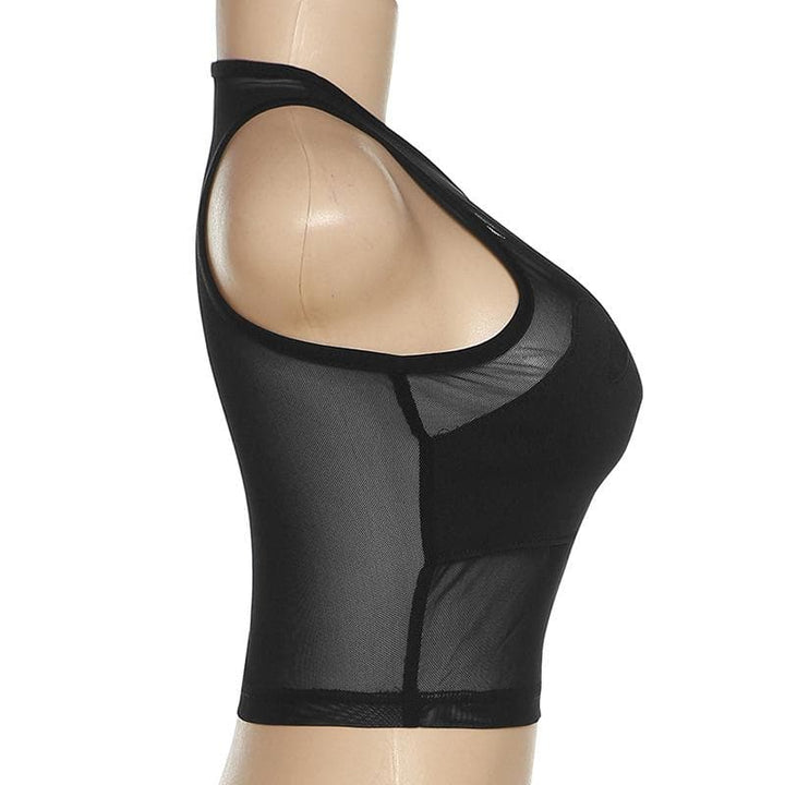 Sheer mesh see through palm embroidered crewneck crop top