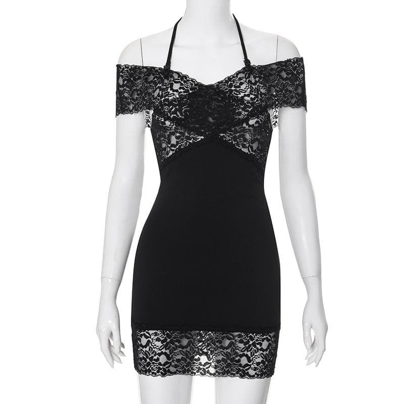 Halter off shoulder lace see through patchwork mini dress  | Festival Outfits Women