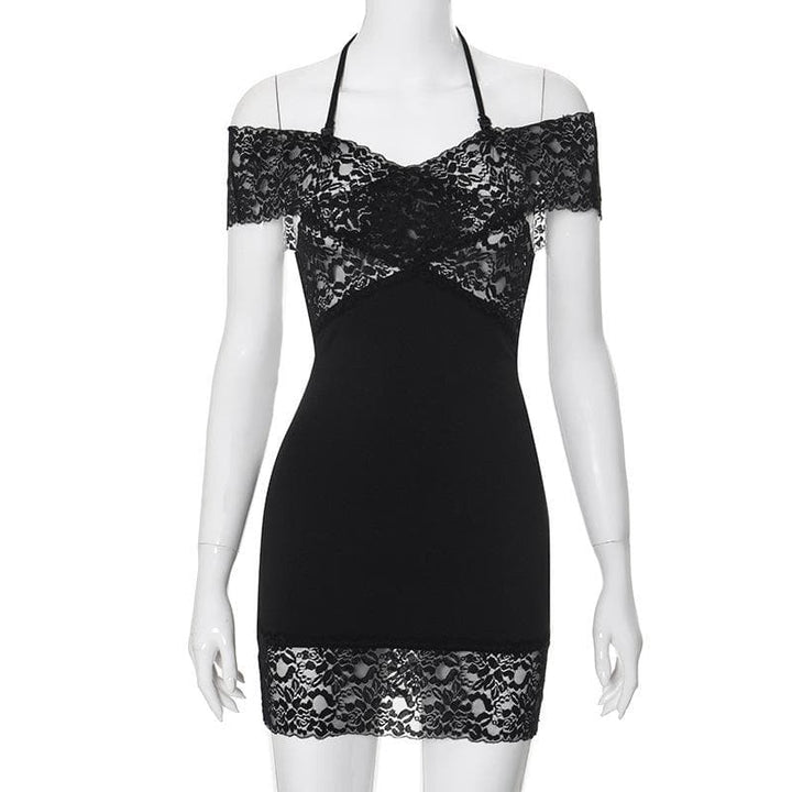Halter off shoulder lace see through patchwork mini dress  | Festival Outfits Women