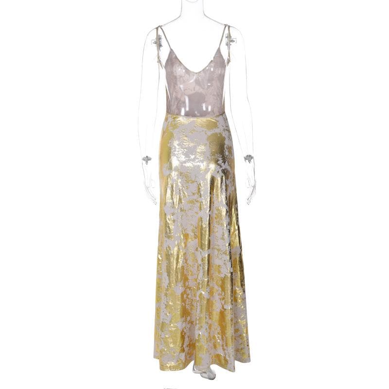 V neck backless metallic print contrast cami maxi dress  | Festival Outfits Women